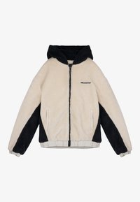 Giacca in pile beige e nera con cappuccio, chiusura con zip, tasche laterali e polsini elasticizzati. Presenta un design a blocchi di colore e un dettaglio del logo.