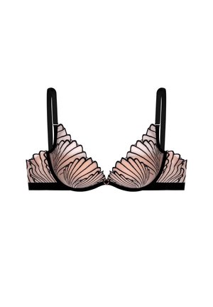 BH mit pfirsichfarbene Grundlage, verziert mit schwarzem, gewelltem Spitzenbesatz und verstellbaren schwarzen Trägern. Herzförmige Beschläge in der Mitte vorne.