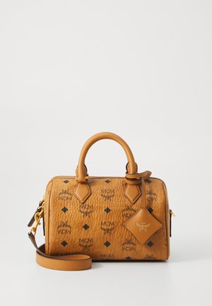 Brown leather handbag with black logo pattern, rounded top handles, removable strap, and a diamond-shaped accent tag. Textured surface.
