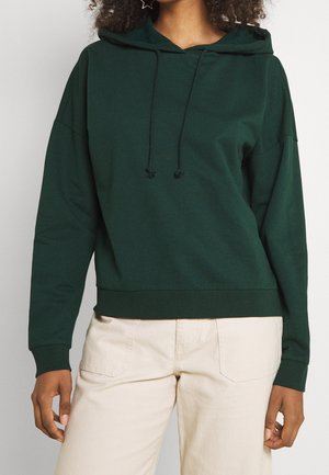 Dark green hoodie with a relaxed fit, long sleeves, and drawstring closure. Features ribbed hem and cuffs.  Smooth, soft fabric texture.