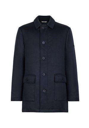 Mörkblå rock med krage, knappar framtill, två fickor med lock och en slät, texturerad yta.