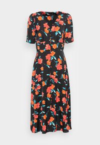 Vestido preto com estampa floral, de mangas curtas e bufantes, apresentando flores laranjas vibrantes e folhas verde-azuladas, corpete ajustado e abertura frontal com botões.