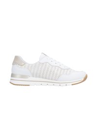 White athletic shoe with a knitted upper featuring a zigzag pattern, beige accents, cushioned sole, and a metallic heel panel.