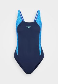 Navy blue Speedo one-piece swimsuit with bright blue side panels featuring white abstract line patterns.
