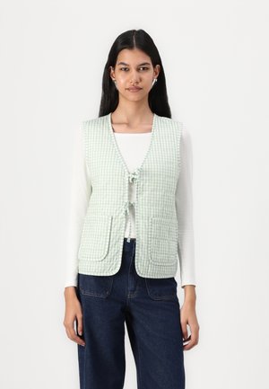 Lichtgroene gingham vest met een knoopsluiting, twee voorzakken en een gestructureerde stof. Draagt over een wit longsleeve shirt.