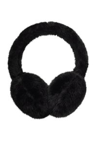 Ear muffs in eco-pelliccia nera con design rotondo, texture morbida e spessa fascia per la testa. Il tessuto appare soffice e denso.
