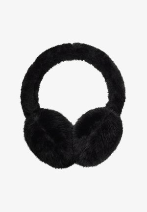 Zwarte nep bont oordoppen met een rond ontwerp, een luxe textuur en een dikke hoofdband. De stof lijkt zacht en dicht.
