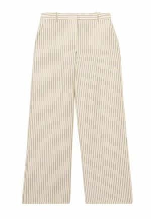 Bézs színű, széles szárú nadrág vékony, fekete, függőleges tűcsíkokkal és oldalzsebekkel, laza szabású.