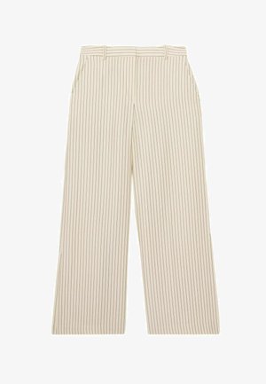 Bézs színű, széles szárú nadrág vékony, fekete, függőleges tűcsíkokkal és oldalzsebekkel, laza szabású.