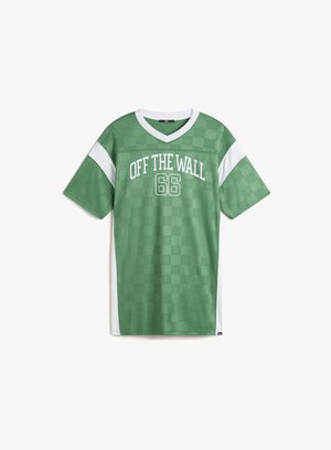 Grünes karierter Jersey mit V-Ausschnitt, weißen Akzenten und "OFF THE WALL 66" in Weiß auf der Vorderseite bedruckt. Aus leichtem Stoff hergestellt.