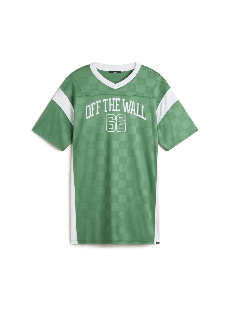 Green checker-patterned jersey with a V-neck, white accents, and "OFF THE WALL 66" printed in white on the front. Made of lightweight fabric.