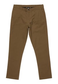 Brown cotton trousers with a straight leg design, featuring front pockets, a button closure, and a zip fly. Simple stitching details.
