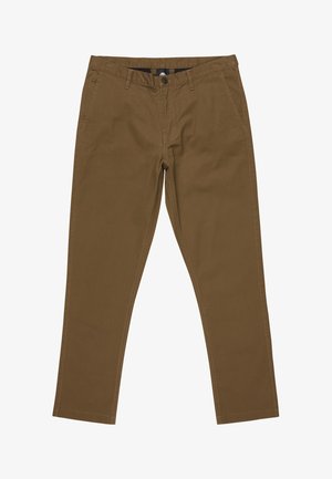 Braune Baumwollhose mit geradem Bein, ausgestattet mit Vordertaschen, einem Knopfverschluss und einem Reißverschluss. Schlichte Steppdetails.