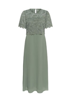 Saliegroene midi-jurk met korte mouwen van bloemige kant en bodice-overlay, sluiting met oogje aan de achterkant, rechte vloeiende rok.