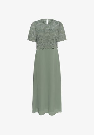 Saliegroene midi-jurk met korte mouwen van bloemige kant en bodice-overlay, sluiting met oogje aan de achterkant, rechte vloeiende rok.