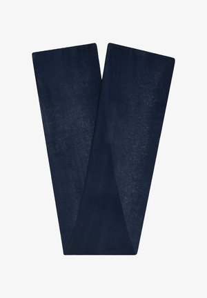 Granatowy szalik wykonany z miękkiego materiału, charakteryzujący się gładką fakturą i prostokątnym kształtem z zwężanymi końcami. Bez widocznych wzorów ani elementów metalowych.