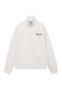 Lichtgrijze sweatshirt met hoge kraag, halve ritssluiting en geribde manchetten. Voorzien van geborduurd "Allright" logo op de linkerborst. Zachte textuur.