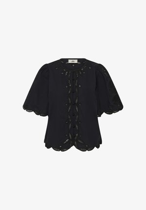 Bluză neagră cu mâneci scurte, decolteu rotund, mâneci bufante, margini ondulate și modele brodate decupate în formă de frunze pe partea din față și pe mâneci.