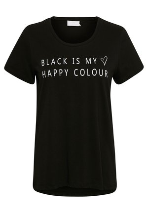 T-shirt noir à manches courtes avec texte blanc disant « "BLACK IS MY HAPPY COLOUR" » et un petit cœur sur le devant.