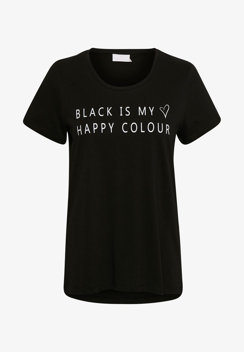 T-shirt noir à manches courtes avec texte blanc disant « "BLACK IS MY HAPPY COLOUR" » et un petit cœur sur le devant.
