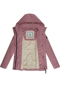 Roze waterdichte jas met een capuchon, voorzien van een rits en knoopsluitingen, beige voering en een logo-label aan de binnenkant. Lange mouwen met elastische manchetten.
