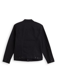 Black denim jacket, featuring a collared neck, long sleeves, buttoned cuffs, and a fitted design with back yoke detailing and two button closures.