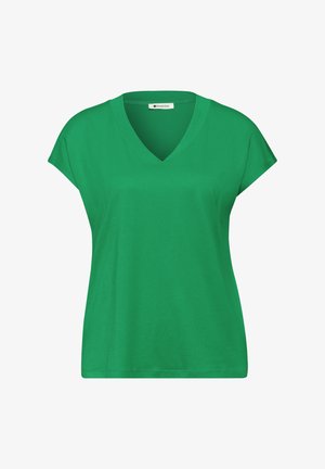 Grünes Damenoberteil mit kurzen Ärmeln und V-Ausschnitt, locker geschnitten und mit kleinem "Street One"-Label im Halsausschnitt.