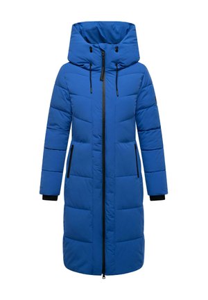 Long blue puffer coat with a hood, featuring black zipper and pocket accents, quilted texture, and elastic cuffs.