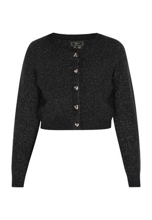 Sort cropped cardigan lavet af et tekstureret stof med metalliske tråde. Har hjerteformede knapper og lange ærmer for ekstra detaljer.