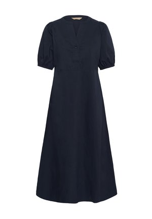 Marineblaues Midikleid mit kurzen Puffärmeln, rundem Ausschnitt mit offenem V-Schlitz, einem Knopf und A-Linien-Rock.