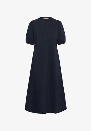 Tmavomodré midi šaty s krátkymi nafúknutými rukávmi, okrúhlym výstrihom s otvoreným V-rozparkom, jedným gombíkom a sukňou do A.