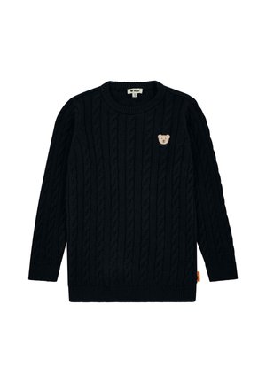 Schwarzer Kabelstrickpullover mit langen Ärmeln, Rundhalsausschnitt und einem kleinen beigefarbenen Bärenpatch auf der Brust. Gerippte Bündchen und Saum.