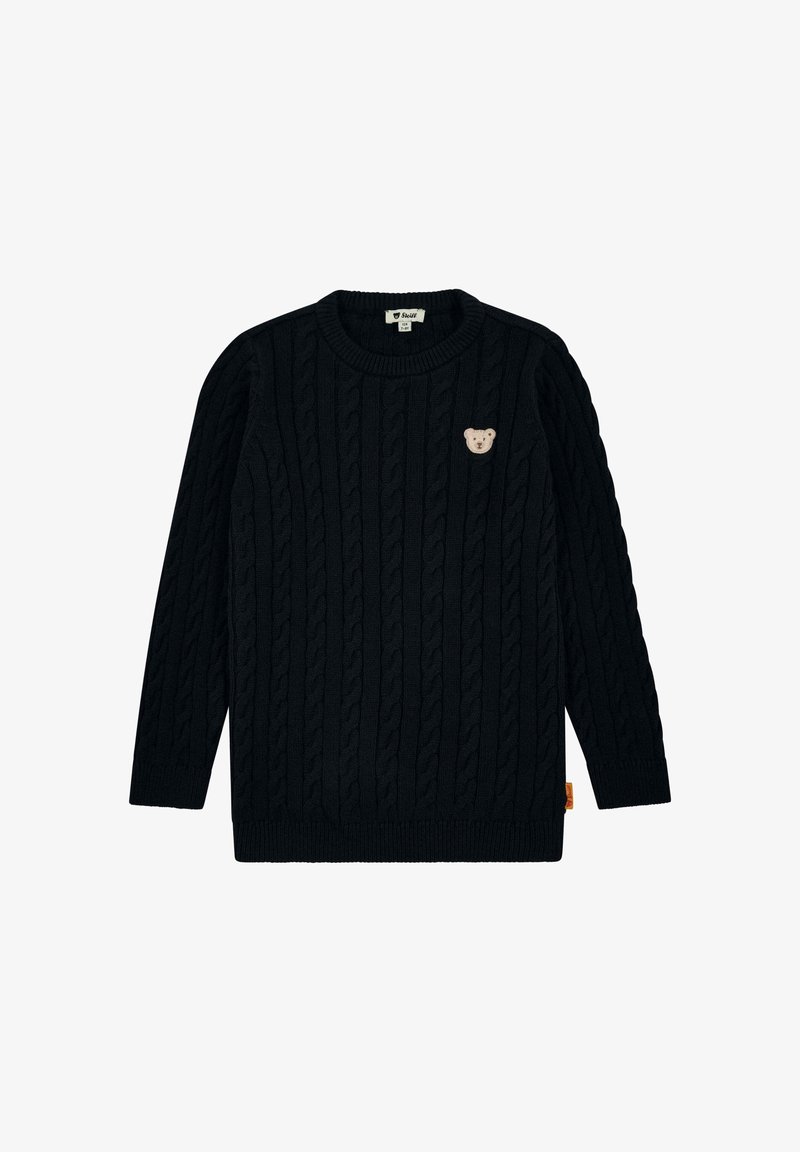 Maglione nero a trecce con maniche lunghe, scollo rotondo e un piccolo ricamo di un orsetto beige sul petto. Polsini e orlo a coste.