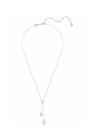 Delicate silver chain necklace with adjustable clasp and two small dangling crystal pendants in round and hexagon shapes.