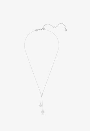 Delicate silver chain necklace with adjustable clasp and two small dangling crystal pendants in round and hexagon shapes.