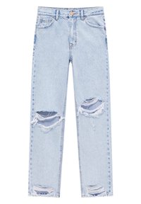 Vaqueros rotos de color azul claro con un diseño de cintura alta, bordes deshilachados y dos agujeros destacados en las rodillas. Textura clásica de mezclilla.