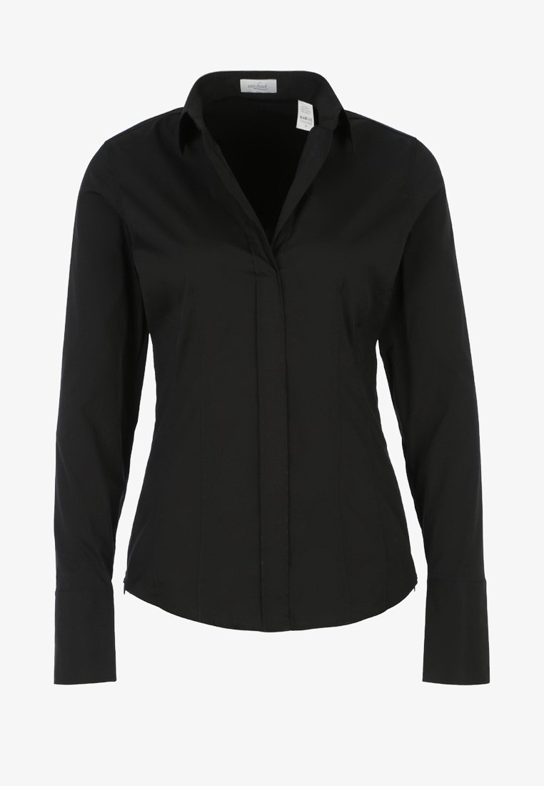 Blouse noire cintrée à manches longues avec col et boutons avant dissimulés, présentée sur fond blanc.