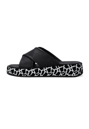 Sorte skridsikre sandaler med krydset syntetisk overdel og en plettet sål i sort og hvid. Flad design, struktureret overflade.