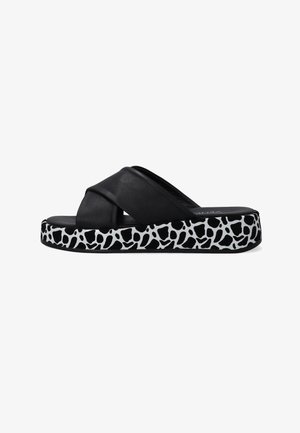 Black slide sandals with cross-banded synthetic upper and a speckled black-and-white patterned sole. Flat design, textured surface.