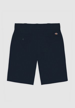 Navy blue shorts made of cotton blend fabric with a flat front, two back pockets, and a distinctive brand logo on the waistband.