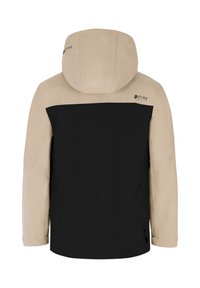 Gevoerd jack met beige schouders en mouwen, zwart achterpaneel, en PVRE groene logo's op de capuchon en bovenrug.