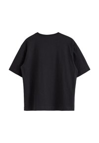 Black cotton t-shirt with a relaxed fit, round collar, and short sleeves. Smooth texture with no visible patterns or accents.