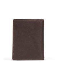 Portafoglio in pelle marrone con una texture liscia, forma rettangolare e bordi cuciti. Nessun hardware visibile o motivi.