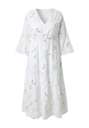 Robe midi blanche avec col en V, manches cloche 3/4, taille élastique et broderies florales découpées sur tout le tissu.