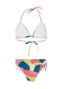 Bikini-set med en vit triangelöverdel med rosa, blå och gröna detaljer; underdelen har ett färgglatt abstrakt mönster med knytningar.