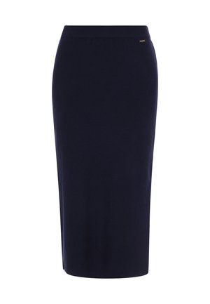 Sötétkék, térd hosszúságú szoknya puha anyagból, testhez simuló fazonnal és bordázott derékpánttal, diszkrét fémszínű kiegészítővel.