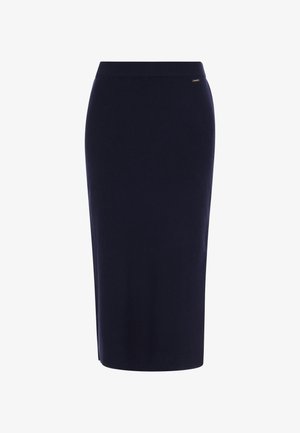 Granatowa spódnica do kolan wykonana z miękkiego materiału, o dopasowanym fasonie i prążkowanym pasie, z subtelnym metalicznym akcentem.