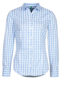 Ljust blå rutigt skjorta med knäppning, långa ärmar, spetsig krage, vita knappar, slät bomullstextur, rundad fåll och kontrasterande mönster på ärmsluten.