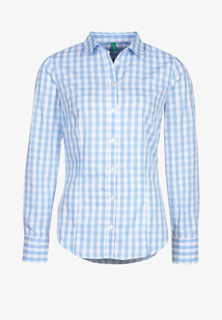 Light blue gingham button-up shirt, long sleeves, pointed collar, white buttons, smooth cotton texture, curved hem, and contrasting cuff pattern.