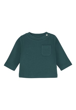 Groene langemouwen top van textuur ribbelstof, met een ronde halslijn, een borstzak en drukknoopsluiting op de schouder.